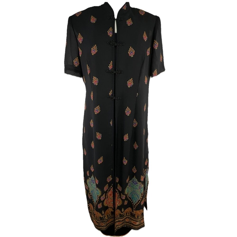 Vtg Sz 12 Dress and Asian Duster By R & M Richards Karen Kwong Black USA Made